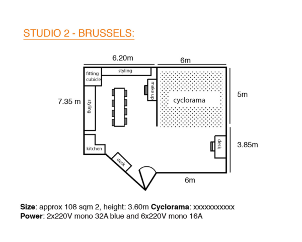 Plan 2D du studio photo numéro 2 situé à Bruxelles