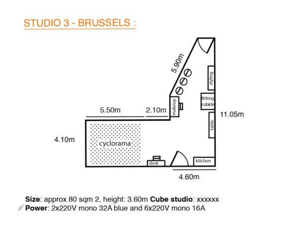 Plan 2D du studio photo numéro 3 situé à Bruxelles