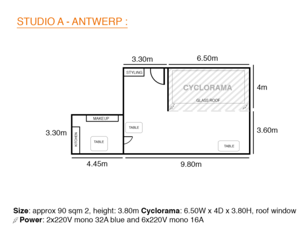 Plan 2D du studio photo A situé à Anvers