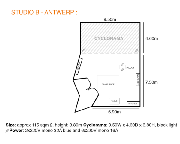 Plan 2D du studio photo B situé à Anvers
